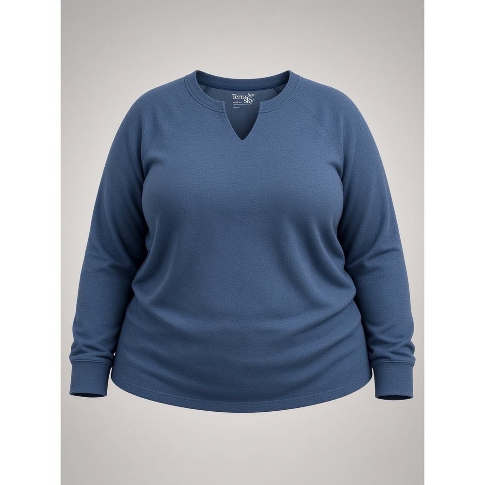 Terra & Sky Plus Size 2X (20W-22W) Blue French Terry Long Sleeve Notch Neck Top